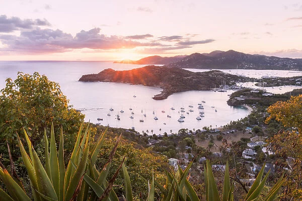 Overview of English Harbour from Shirley Heights at sunset, Antigua, Antigua and Barbuda