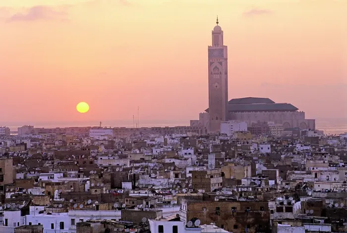 Framed Print : Overview with the Hassan II Mosque in the background at dusk, Casablanca, Morocco