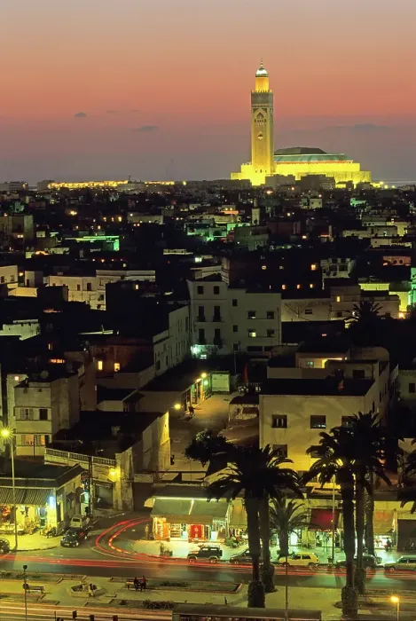 Framed Print : Overview with the Hassan II Mosque in the background at dusk, Casablanca, Morocco Framed Print : Overview with the Hassan II Mosque in the background at dusk, Casablanca, Morocco