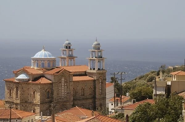 Overview of Marathokambos church with the Aegean Sea in the background, Samos, Eastern Sporades, Greek Islands, Greece, Europe