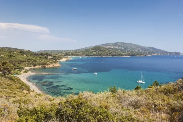 Framed Print : Overview of sand beach and turquoise sea, Sant Andrea Beach, Marciana, Elba Island Framed Print : Overview of sand beach and turquoise sea, Sant Andrea Beach, Marciana, Elba Island