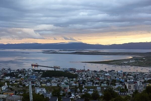 Overview of Ushuaia during sunset, Tierra del Fuego, Argentina, South America