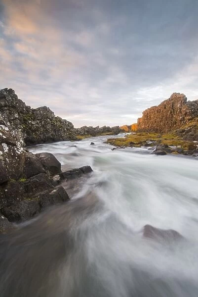 Oxararfoss River at sunrise, Thingvellir National Park, UNESCO World Heritage Site