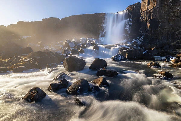Oxararfoss waterfall at sunset during spring, Sudurland, Iceland, Polar Regions