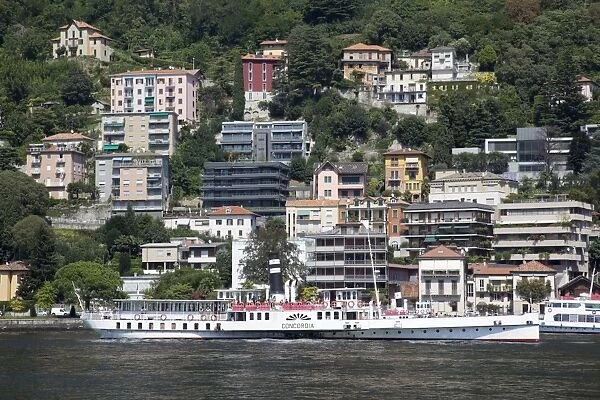Paddleboat on lake, Como, Lake Como, Lombardy, Italian Lakes, Italy, Europe