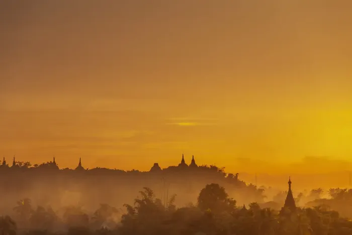 Framed Print : Pagoda spires at sunset, Mrauk U, Rakhine State, Myanmar (Burma), Asia Framed Print : Pagoda spires at sunset, Mrauk U, Rakhine State, Myanmar (Burma), Asia
