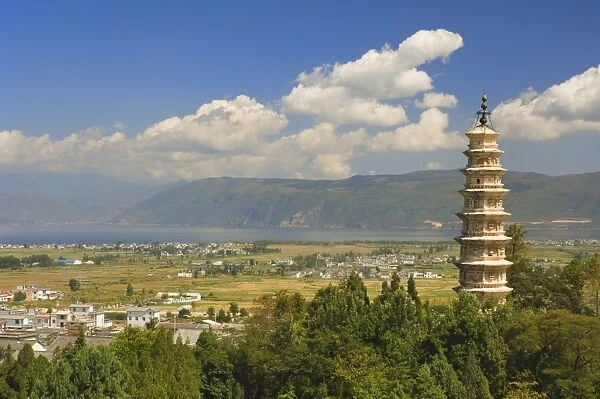 One of the Three Pagodas, and Erhai Lake in background, Dali Old Town, Yunnan Province