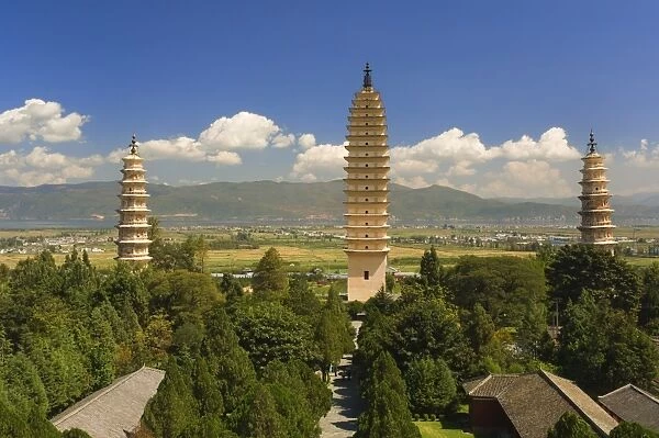 The Three Pagodas, and Erhai Lake in background, Dali Old Town, Yunnan Province