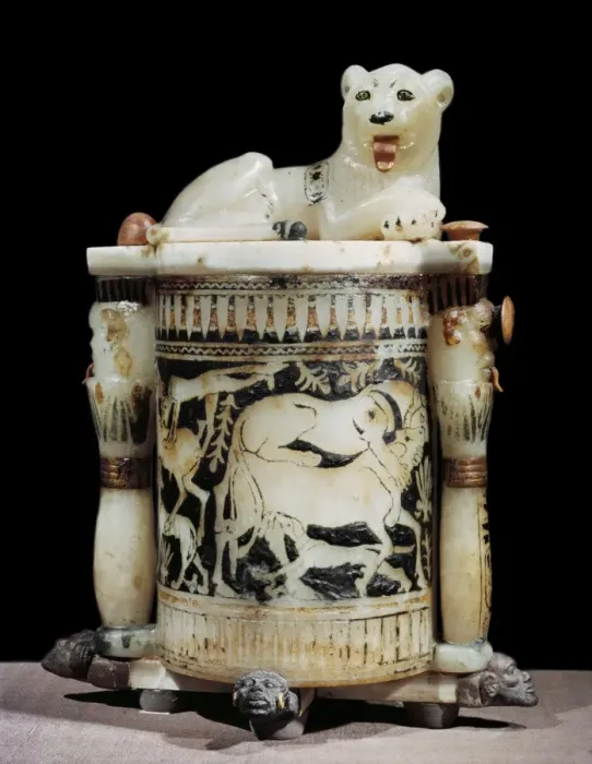 Framed Print : Painted alabaster unguent jar showing hunting scene, with the king as a lion Framed Print : Painted alabaster unguent jar showing hunting scene, with the king as a lion