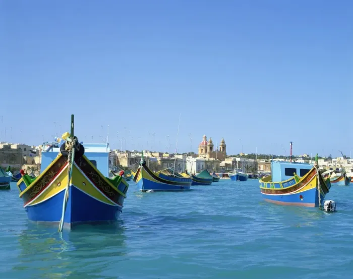 Framed Print : Painted boats in the harbour at Marsaxlokk, Malta, Mediterranean, Europe Framed Print : Painted boats in the harbour at Marsaxlokk, Malta, Mediterranean, Europe