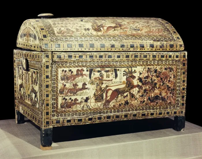 Framed Print : The painted box of stuccoed wood showing the king in his chariot, from the tomb of the pharaoh Tutankhamun, discovered in the Valley of the Kings, Thebes, Egypt, North Framed Print : The painted box of stuccoed wood showing the king in his chariot, from the tomb of the pharaoh Tutankhamun, discovered in the Valley of the Kings, Thebes, Egypt, North