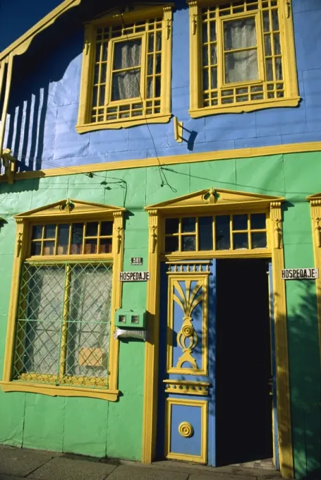 Framed Print : Detail of painted building facade, Castro, Chiloe Island, Chile, South America Framed Print : Detail of painted building facade, Castro, Chiloe Island, Chile, South America