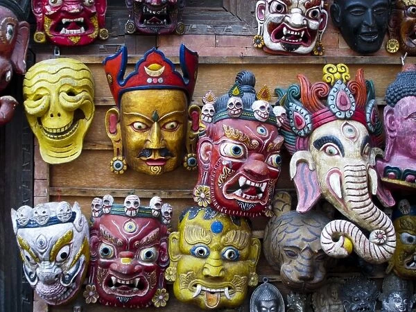 Painted face masks on display in the historical Newar city of Bhaktapur, Nepal, Asia