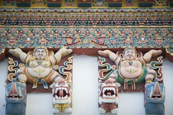 Framed Print : Painted figures on Gangtey Gompa (Monastery), Phobjikha Valley, Bhutan, Asia Framed Print : Painted figures on Gangtey Gompa (Monastery), Phobjikha Valley, Bhutan, Asia