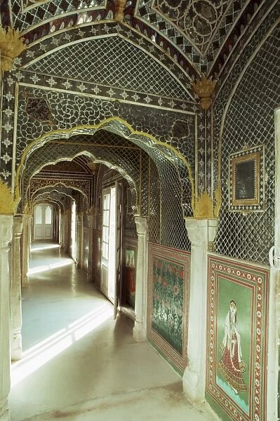 Detail of one of the painted and mirrored corridors