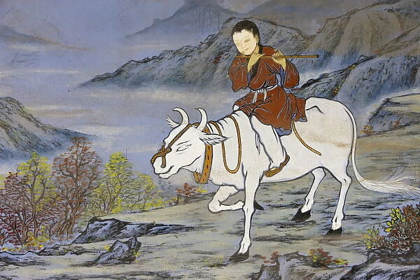 Painting of coming home on the Oxs back, from the ten Ox Herding Pictures of Zen