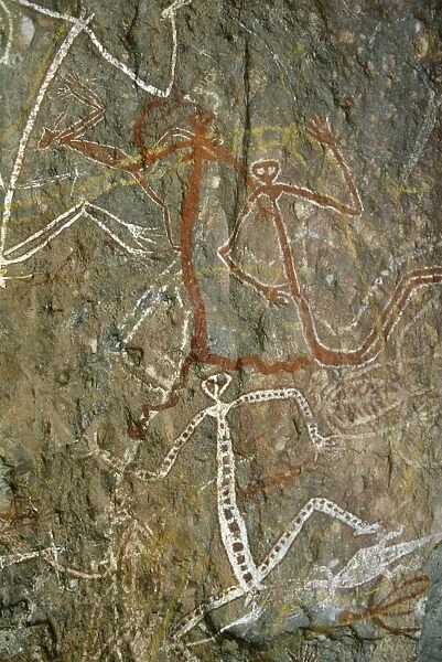 Painting of dancing figures at Nourlangie Rock, sacred aboriginal shelter