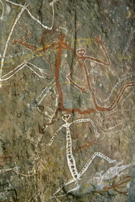 Framed Print : Painting of dancing figures at Nourlangie Rock, sacred aboriginal shelter Framed Print : Painting of dancing figures at Nourlangie Rock, sacred aboriginal shelter