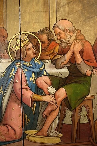 Painting depicting St. Louis washing a paupers feet in Notre-Dame de Paris cathedral Treasure Museum, Paris, France, Europe