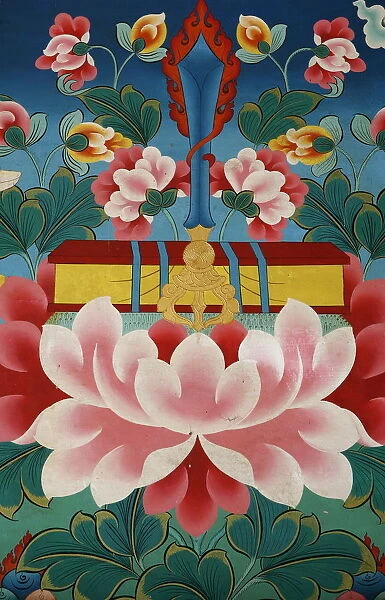 Painting of lotus flower, sword of knowledge and sacred text, Kopan monastery, Kathmandu