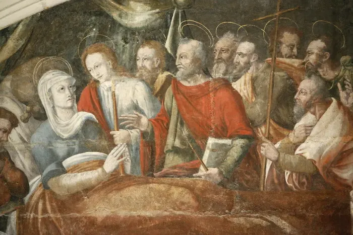 Framed Print : Detail of painting by Thomas Pot dating from 1563 of the Death of Mary, Chapter House Framed Print : Detail of painting by Thomas Pot dating from 1563 of the Death of Mary, Chapter House