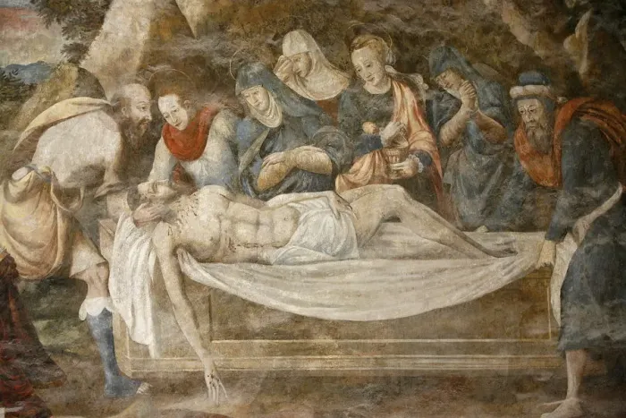 Framed Print : Detail of painting by Thomas Pot dating from 1563 of the Entombment, Chapter House Framed Print : Detail of painting by Thomas Pot dating from 1563 of the Entombment, Chapter House