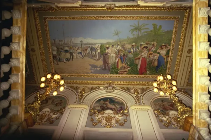 Framed Print : Painting by Villa showing exports, National Theatre, Costa Rica, Central America Framed Print : Painting by Villa showing exports, National Theatre, Costa Rica, Central America