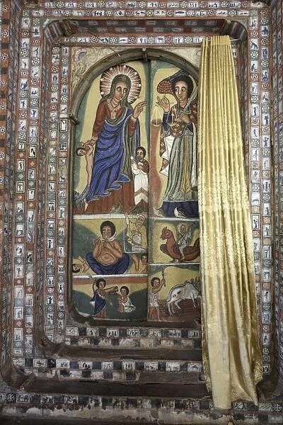 Paintings depict scenes from the Bible, on the inner sanctuary (maqdas) of the monastery of Ura Kidane Meret, on Lake Tana