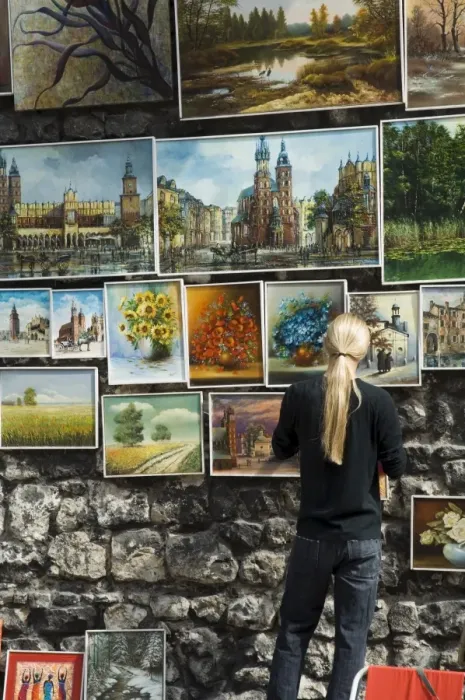 Framed Print : Paintings displayed on the old city walls near Florianss Gate Framed Print : Paintings displayed on the old city walls near Florianss Gate