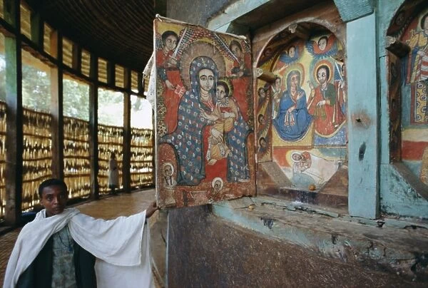 Paintings and interior in the Ura Kedane Meheriet (Kidene Mehret) (Ura Kidanemereth) Christian church, Zege peninsula, Lake Tana, Gondar region
