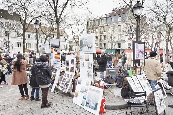 Paintings for sale in the Place du Tertre, Montmartre, Paris, Ile de France, France, Europe