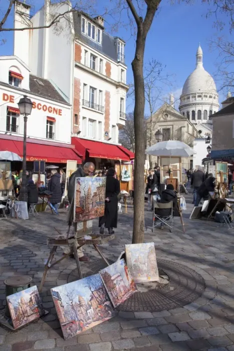 Framed Print : Paintings for sale in the Place du Tertre with Sacre Coeur Basilica in distance, Montmartre, Paris, France, Europe