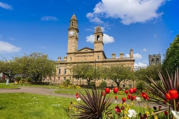 Paisley Town Hall and gardens at Dunn Square, Paisley, Renfrewshire, Scotland, United Kingdom
