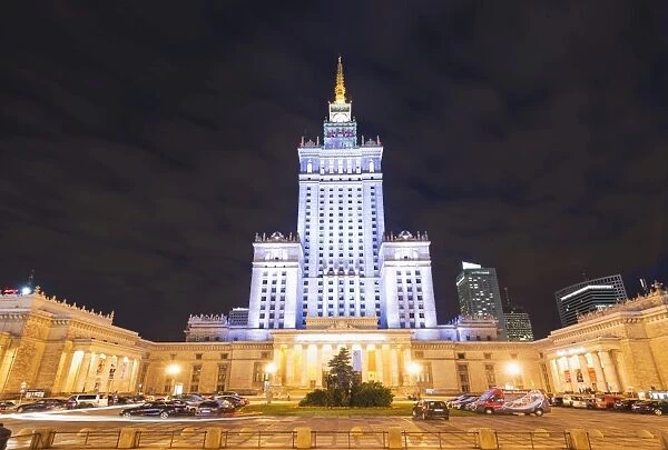 Palace of Culture and Science at night, Warsaw, Poland, Europe