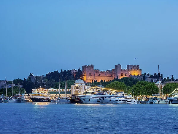 Palace of the Grand Master of the Knights of Rhodes at dusk, UNESCO World Heritage Site, Medieval Old Town, Rhodes City, Rhodes Island, Dodecanese, Greek Islands, Greece, Europe
