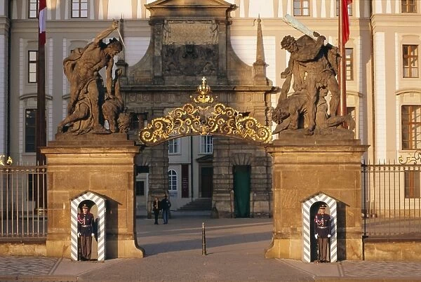 Palace guards outside first courtyard, Prague Castle, Prague, Czech Republic, Europe
