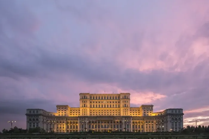 Framed Print : Palace of the Parliament at sunset, Bucharest, Muntenia Region, Romania, Europe