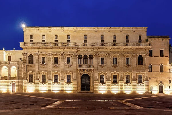 Palace in Piazza del Duomo square of Lecce at blue hour, Salento, Apulia, Italy, Europe
