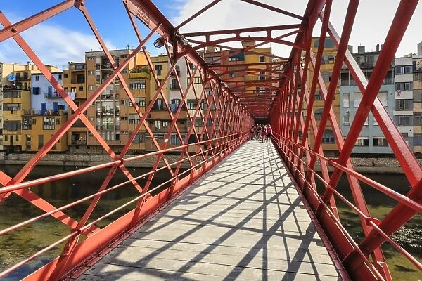 Palanques Vermelles bridge, red bridge across Onyar River, by Gustav Eiffel, City of Girona