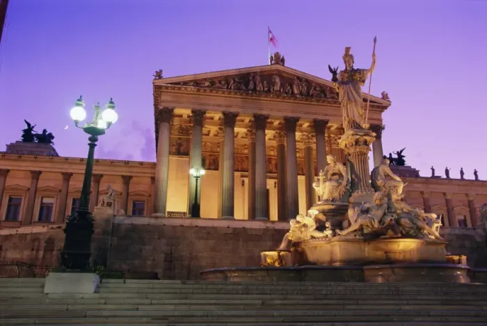 Framed Print : Pallas Athene (Athena) Fountain and Parliament building at night, Vienna, Austria, Europe Framed Print : Pallas Athene (Athena) Fountain and Parliament building at night, Vienna, Austria, Europe