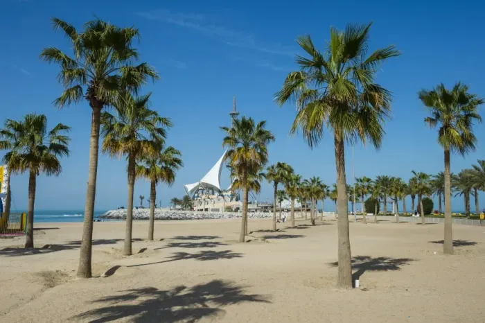 Framed Print : Palm fringed Marina beach, Kuwait City, Kuwait, Middle East Framed Print : Palm fringed Marina beach, Kuwait City, Kuwait, Middle East