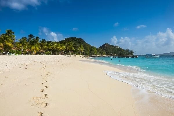 Palm fringed white sand beach on Palm Island, The Grenadines, St. Vincent and the Grenadines, Windward Islands, West Indies, Caribbean, Central America