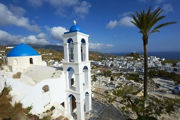 Palm tree and church, Ios Island, Cyclades, Greek Islands, Greece, Europe