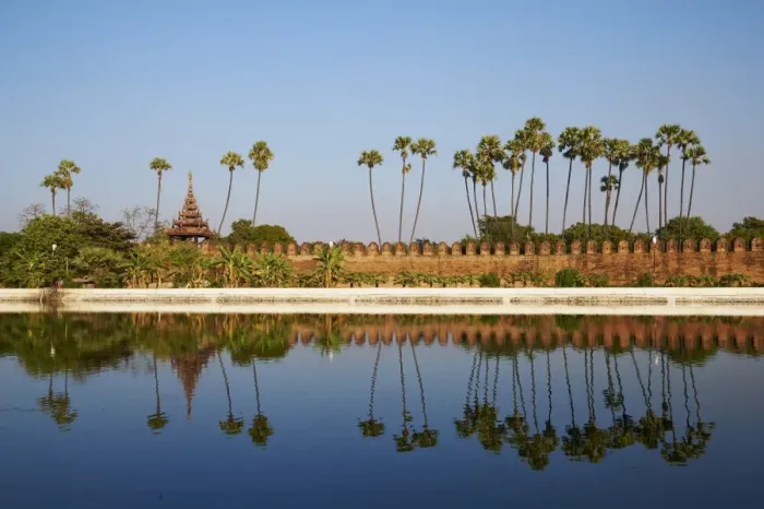 Framed Print : Palm trees reflected in the moat of the fortified palace, Mandalay Palace, Mandalay, Myanmar (Burma), Asia Framed Print : Palm trees reflected in the moat of the fortified palace, Mandalay Palace, Mandalay, Myanmar (Burma), Asia
