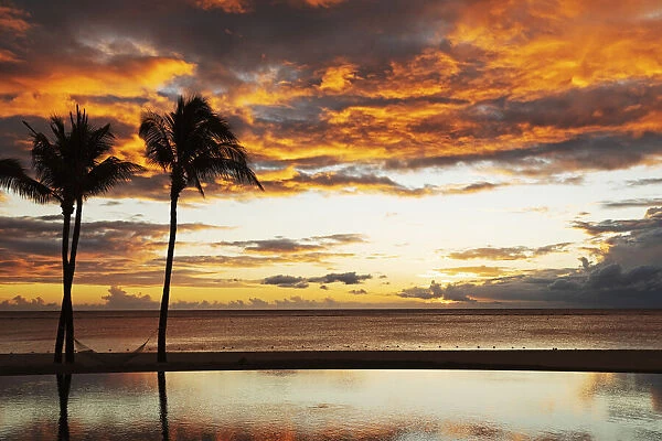 Palm trees silhouetted against red clouds reflect in an infinity pool during sunset over a beach at Flic en Flac, Mauritius, Indian Ocean, Africa