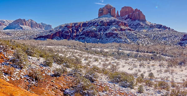Panorama of Cathedral Rock covered in winter snow and ice, Sedona, Arizona