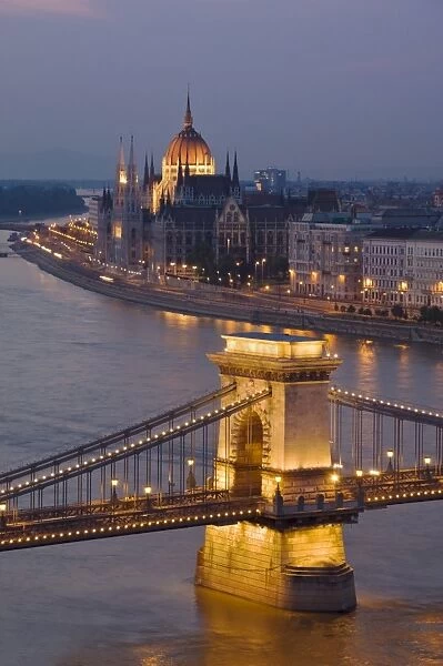 Panorama of city at dusk with the Hungarian Parliament building, and the Chain bridge