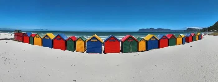 Framed Print : Panorama of the colourful beach huts on the beach of Muizenberg, Cape Town, South Africa, Africa Framed Print : Panorama of the colourful beach huts on the beach of Muizenberg, Cape Town, South Africa, Africa