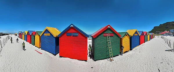 Panorama of the colourful beach huts on the beach of Muizenberg, Cape Town, South Africa, Africa