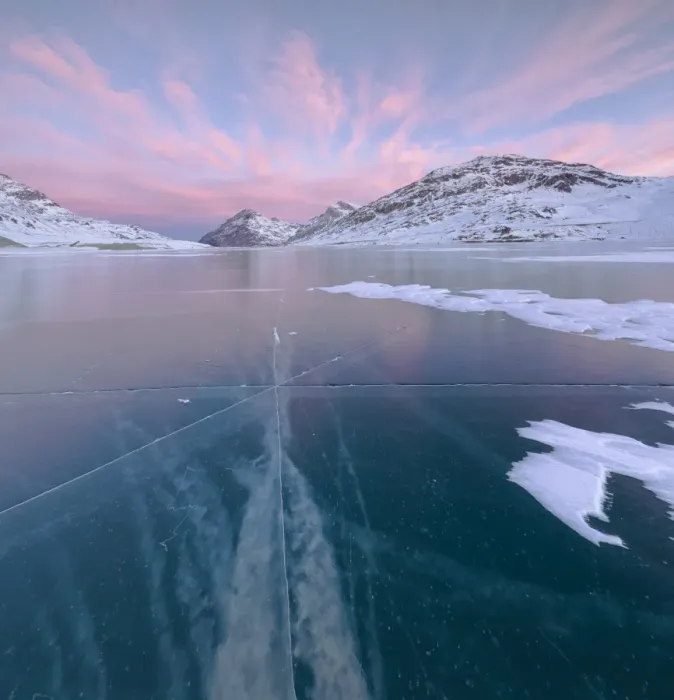 Framed Print : Panorama of the frozen Lago Bianco framed by pink clouds at dawn, Bernina Pass, canton Framed Print : Panorama of the frozen Lago Bianco framed by pink clouds at dawn, Bernina Pass, canton
